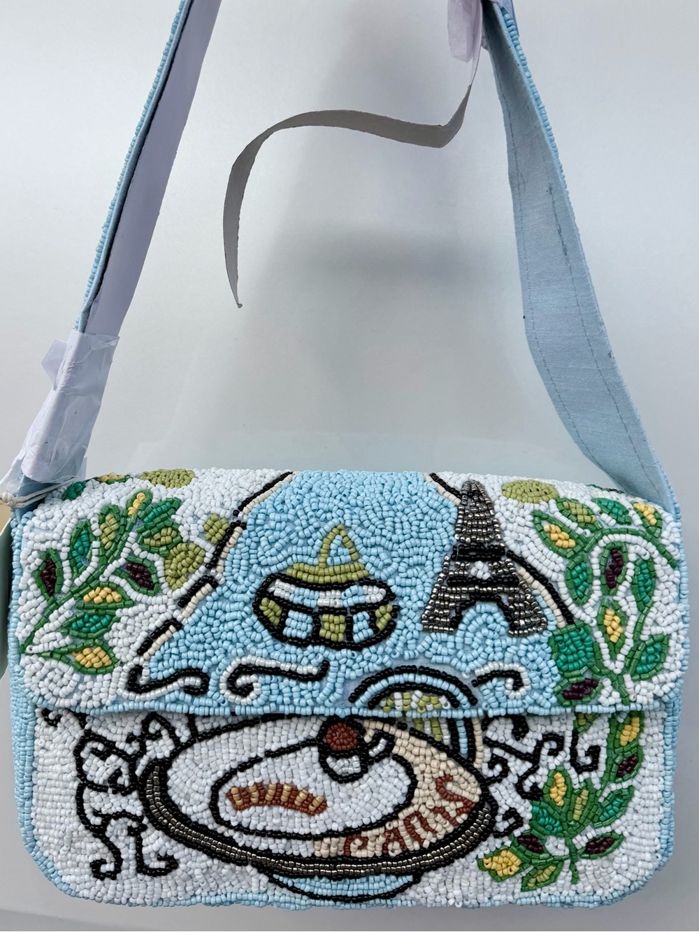 NWT Sol and Mer Paris Cafe Eiffel Tower Scene Blue Beaded Shoulder Bag